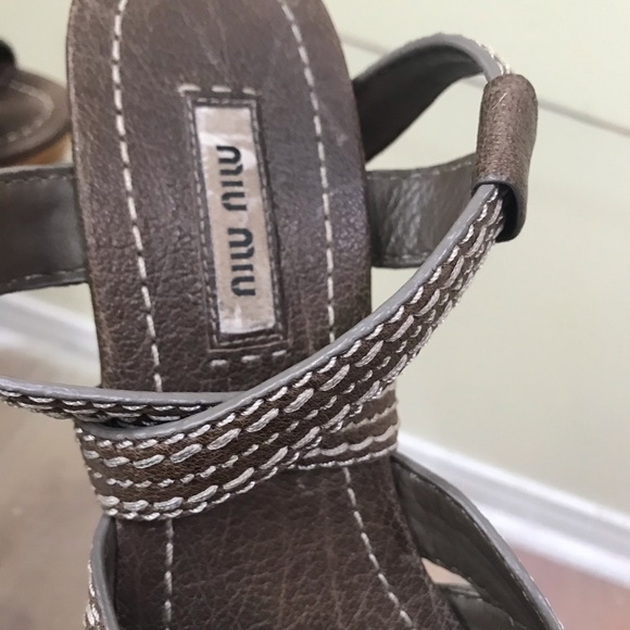 MIU MIU Strappy Leather Platform Wedge Heel Sandals Stitch Wood Ankle Strap Shoe - Picture 13 of 16